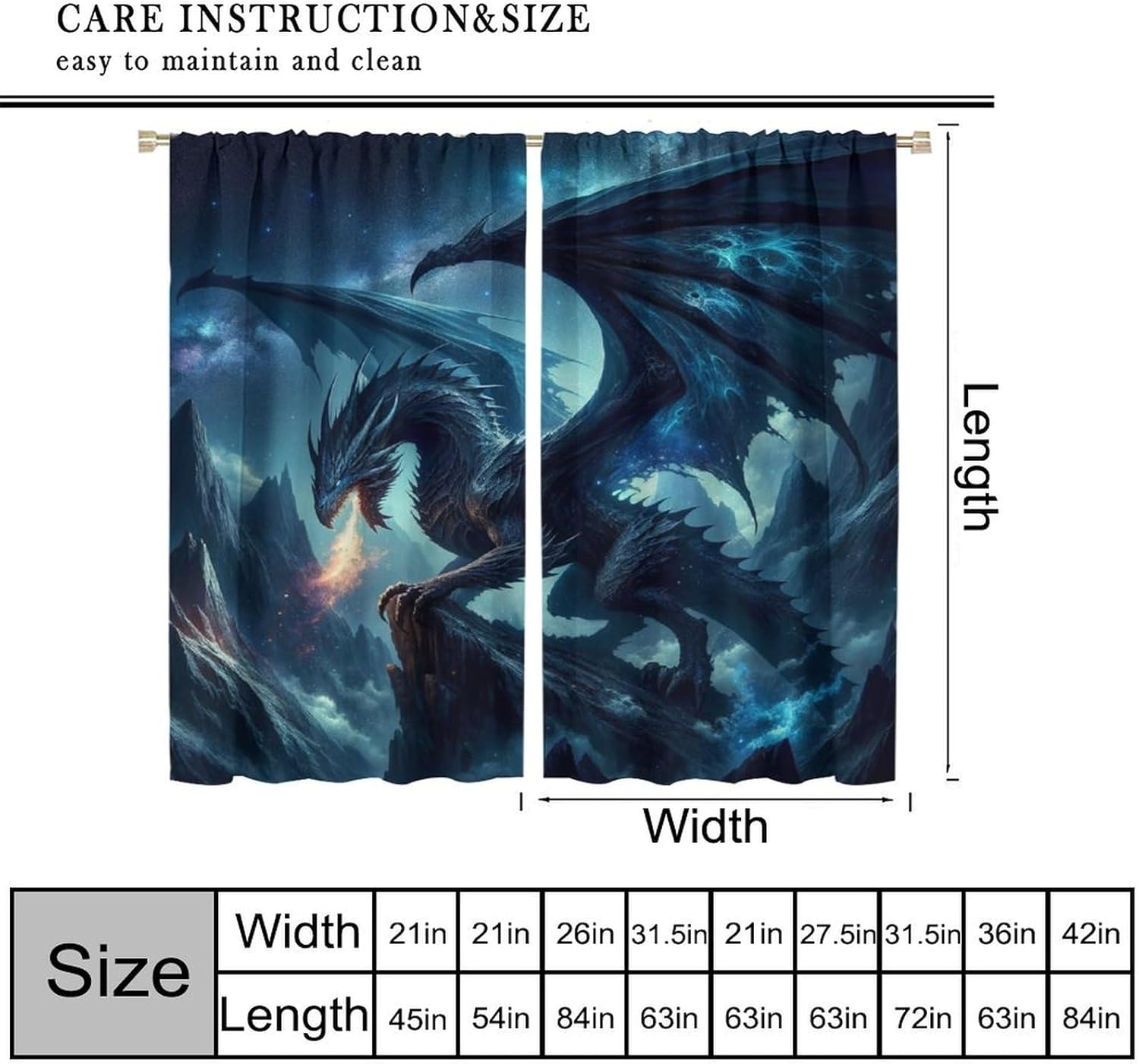 Dragon Blackout Curtains,Black Galaxy Magical Animal Dragon Pattern Drapes Window 2 Panel Rod Pocket Curtain for Boys Room Nursery Bedroom Decor 21" W X 45" L