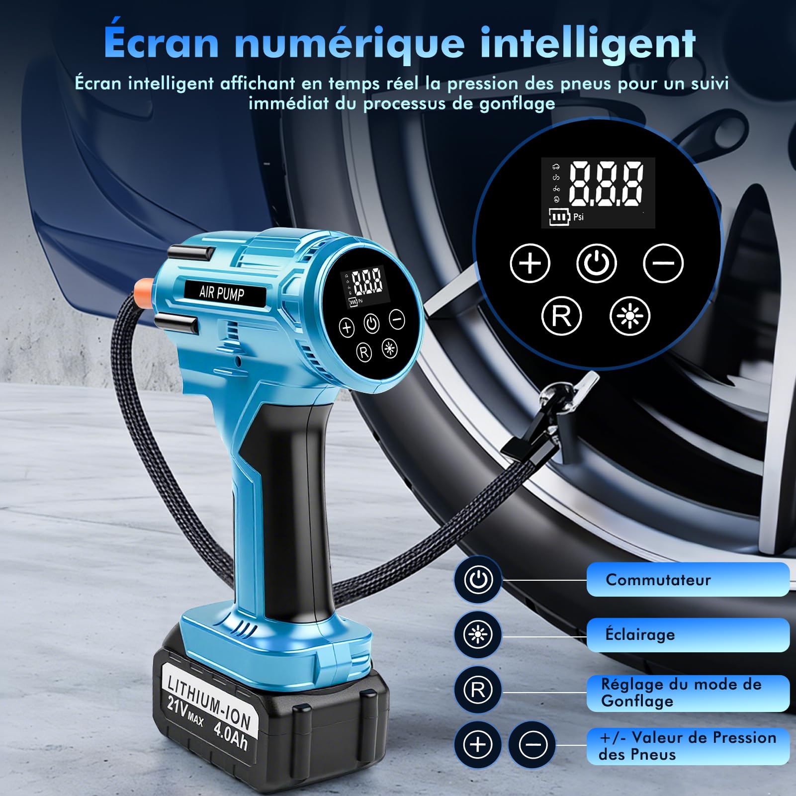 Compresseur à Air Portatif 150 PSI, Gonfleur Pneus Voiture sans Fil avec Manomètre et lampe LED, Pompe à Air Électrique Numérique à batterie 21V, Pompe à Célo, pour Voiture Moto Vélo Ballon