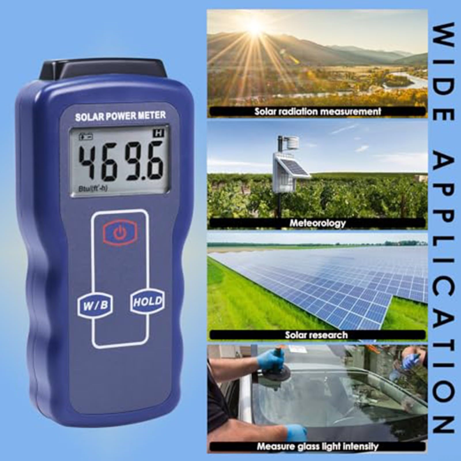 Misuratore di energia solare digitale Tester di irraggiamento solare Grande display LCD Hold Caratteristica 340-1100nm 0.1-3999 W/m² ABS blu Dispositivo portatile per campionamento rapido per