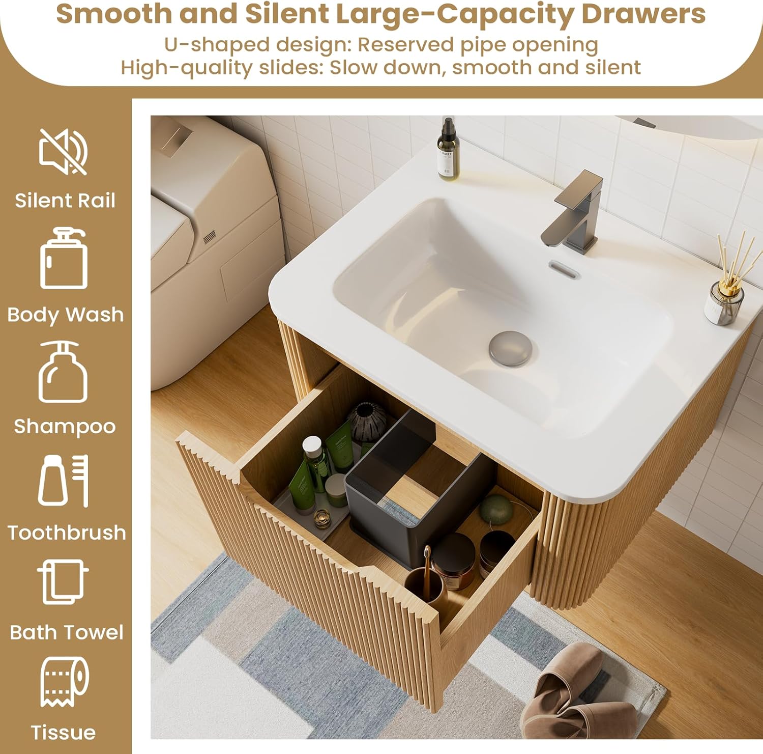 Floating Bathroom Vanity with Sink, Nature Soild Wood Cabinet with Ceramic Basin, Extra Large Storage Drawer & Pre-Assembled Vanities for Bathroom, Powder Room (Nature A Style, 24")