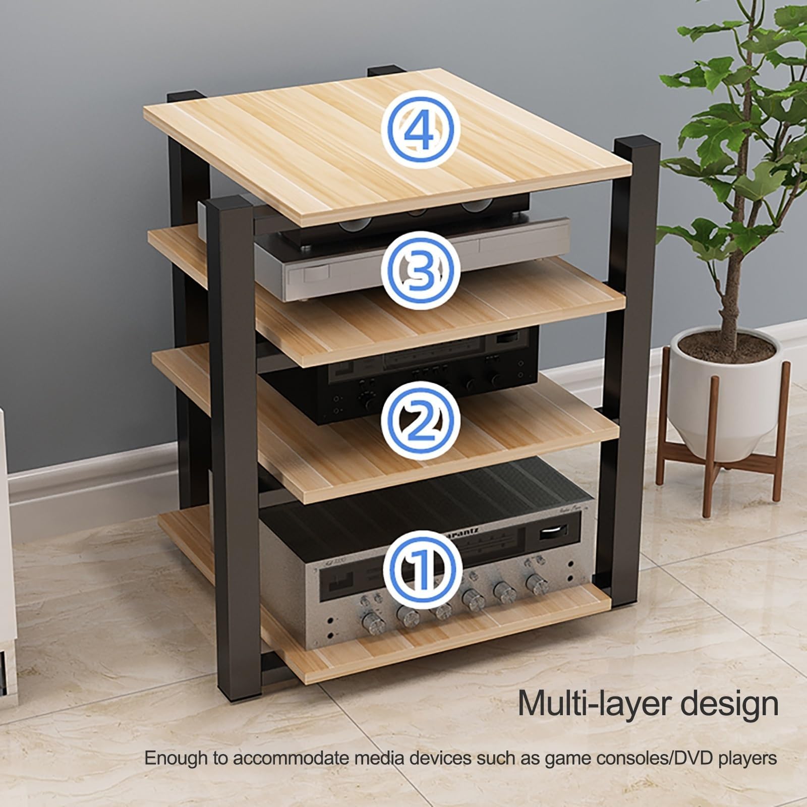 AV – Armadio a torre per intrattenimento a 2/3/4 ripiani, moderno rack per altoparlanti e audio Home Theater, elegante centro multimediale per sistemi TV (marrone, 90 cm)