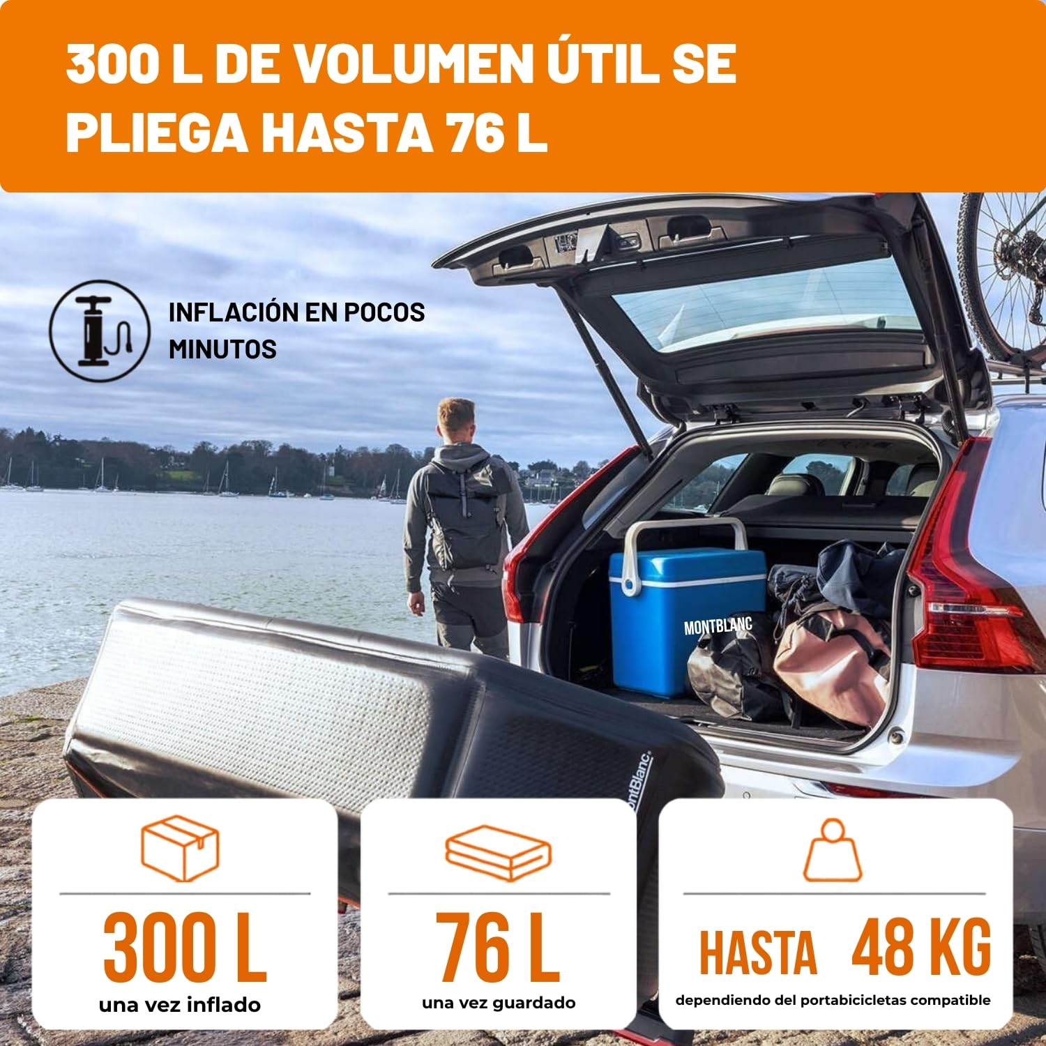 Mont Blanc Cofre de Enganche Hinchable Senja - 76 a 300 L, Carga 48 kg | Cofre trasero sobre enganche, compatible con portabicicletas. Impermeable, dropstitch, 76 a 300 litros, carga 48 kg.