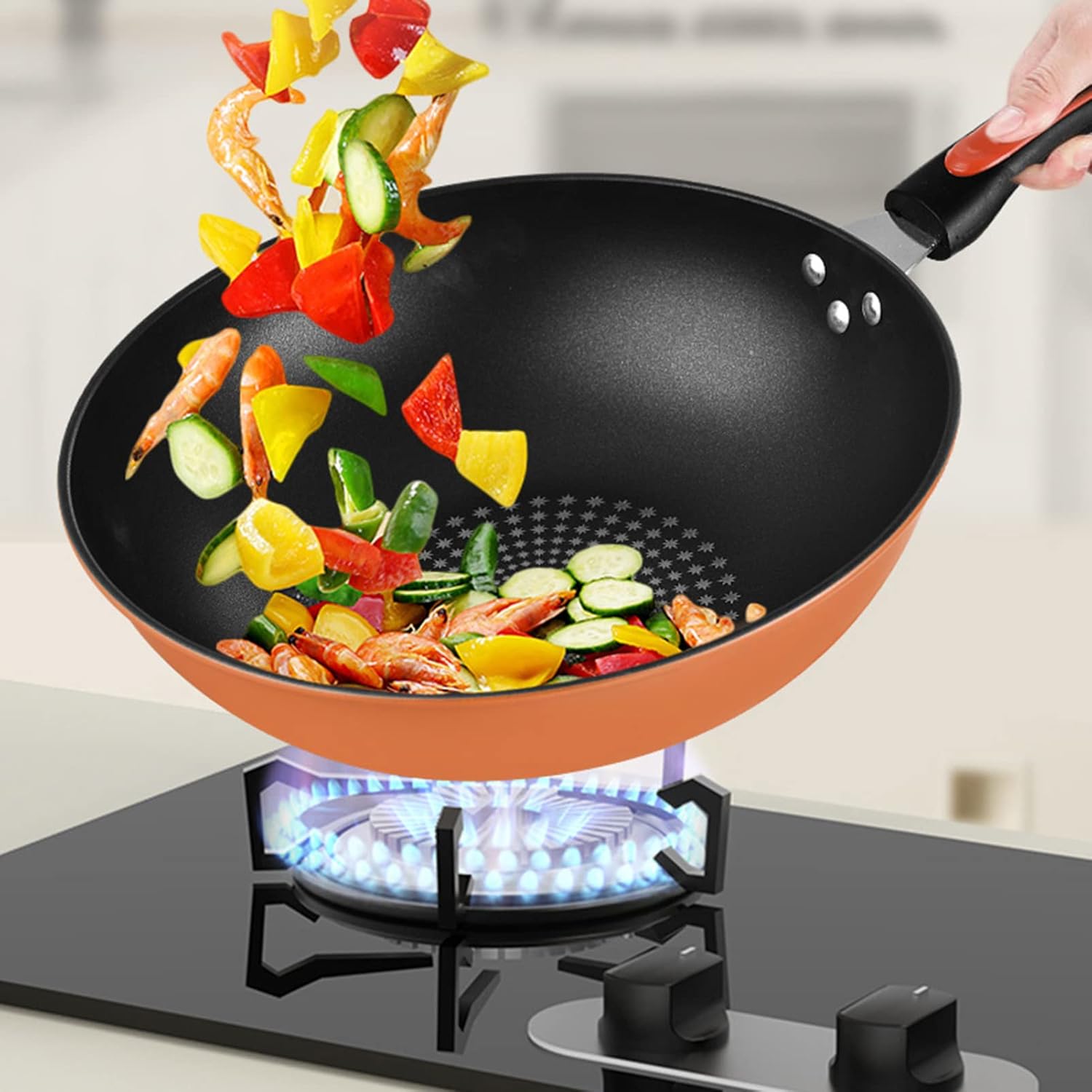 Carbon Steel Wok Pan, Woks and Stir Fry Pans, Chinese Wok with Flat Bottom Pow Wok, Woks and Stir Fry Pans (with Cover 30cm)