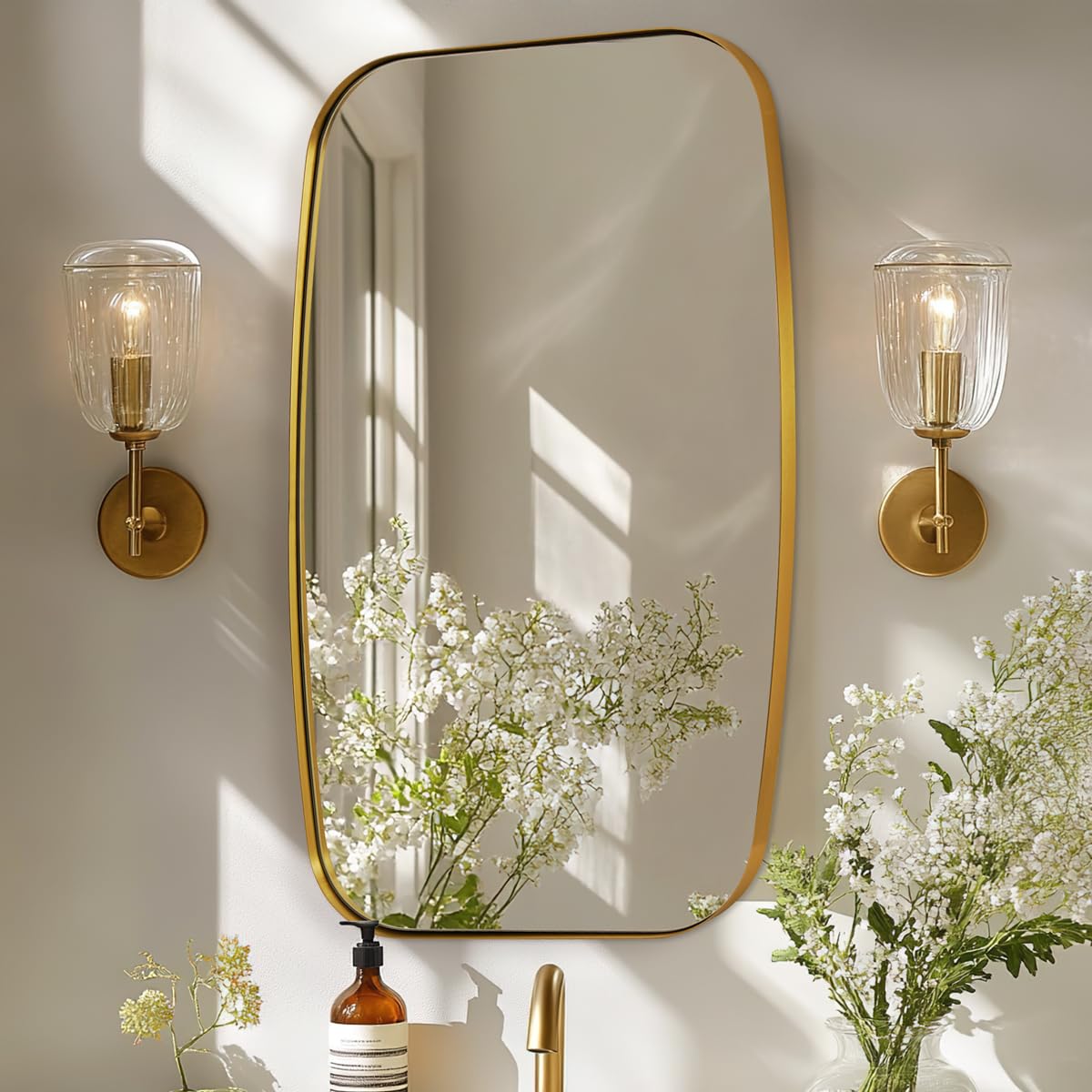 ANDY STAR Brass Bathroom Mirror 24x32 Brushed Gold Metal Frame Oblong Mirror for Bathroom Modern Gold Oval Bathroom