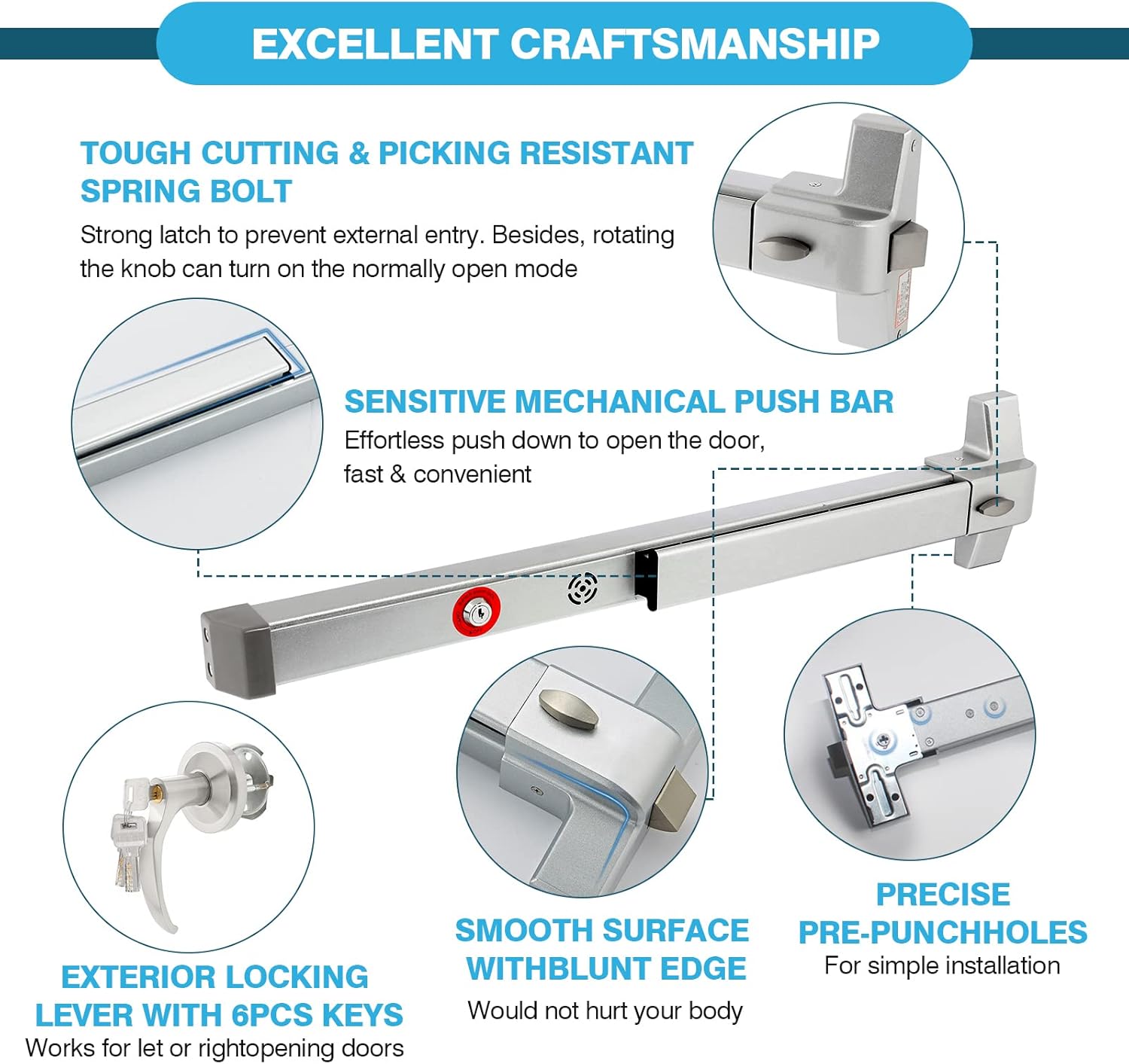 IRONWALLS Push Bar Panic Exit Device with Alarm & Exterior Lever, 70cm/27.5” Long Alarmed Emergency Exit Door Push Bar Lock, Fireproof Commercial Panic Door Hardware for Doors 27.5”-41” Wide