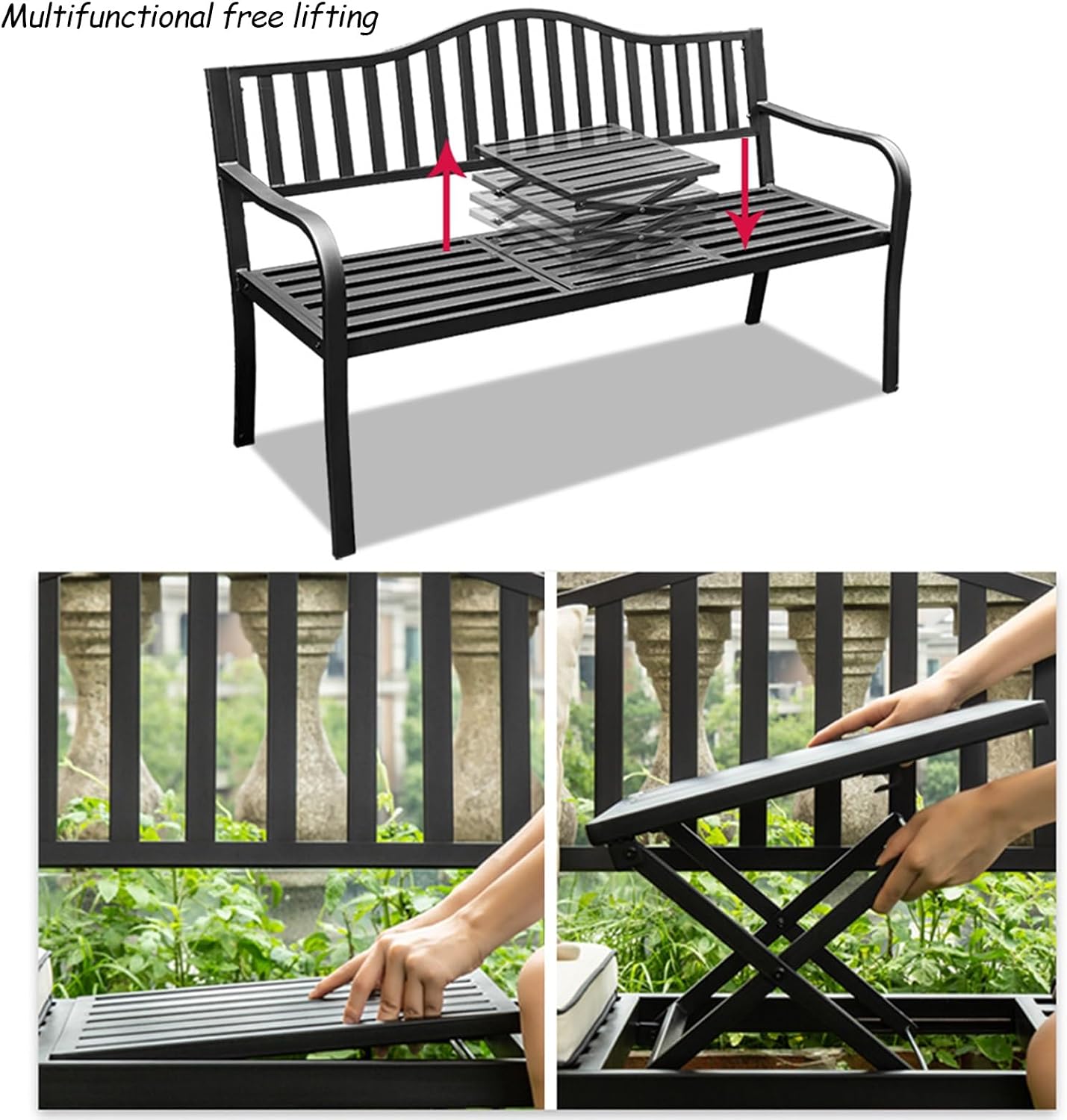 Carbon Steel Bench, Chair with Multifunctional Lift Table, Patio Outdoor Garden Bench, Bearing Capacity 250 kg, for Garden, Yard, Patio, Porch and Sunroom (Color : Black, Size : 59x23.6x33.4i