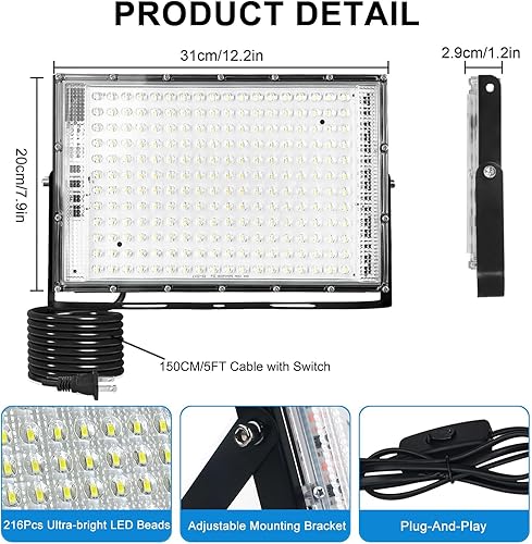 Miniatura 10 de 100W LED Outdoor Flood Light, 2 Pack 8000LM Plug in Flood Light Outdoor, IP66 Waterproof Exterior Security Lights, 6500K Daylight White Super Bright