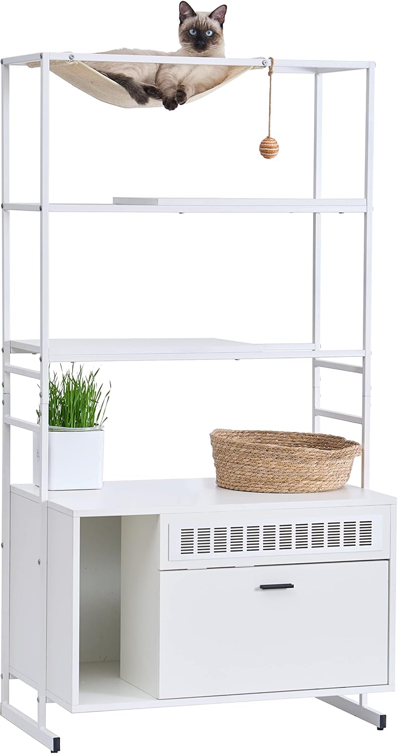 soges Cat Tree, White Cat Tree with Cat Litter Box