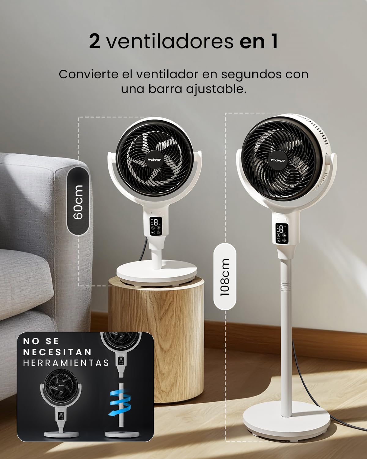 Pro Breeze AirFlo Ventilador de Pie Silencioso con altura ajustable 108-60cm, Pantalla LED, Mando a distancia, 9 Velocidades, Oscilación Vertical y Horizontal – Hogar y Oficina