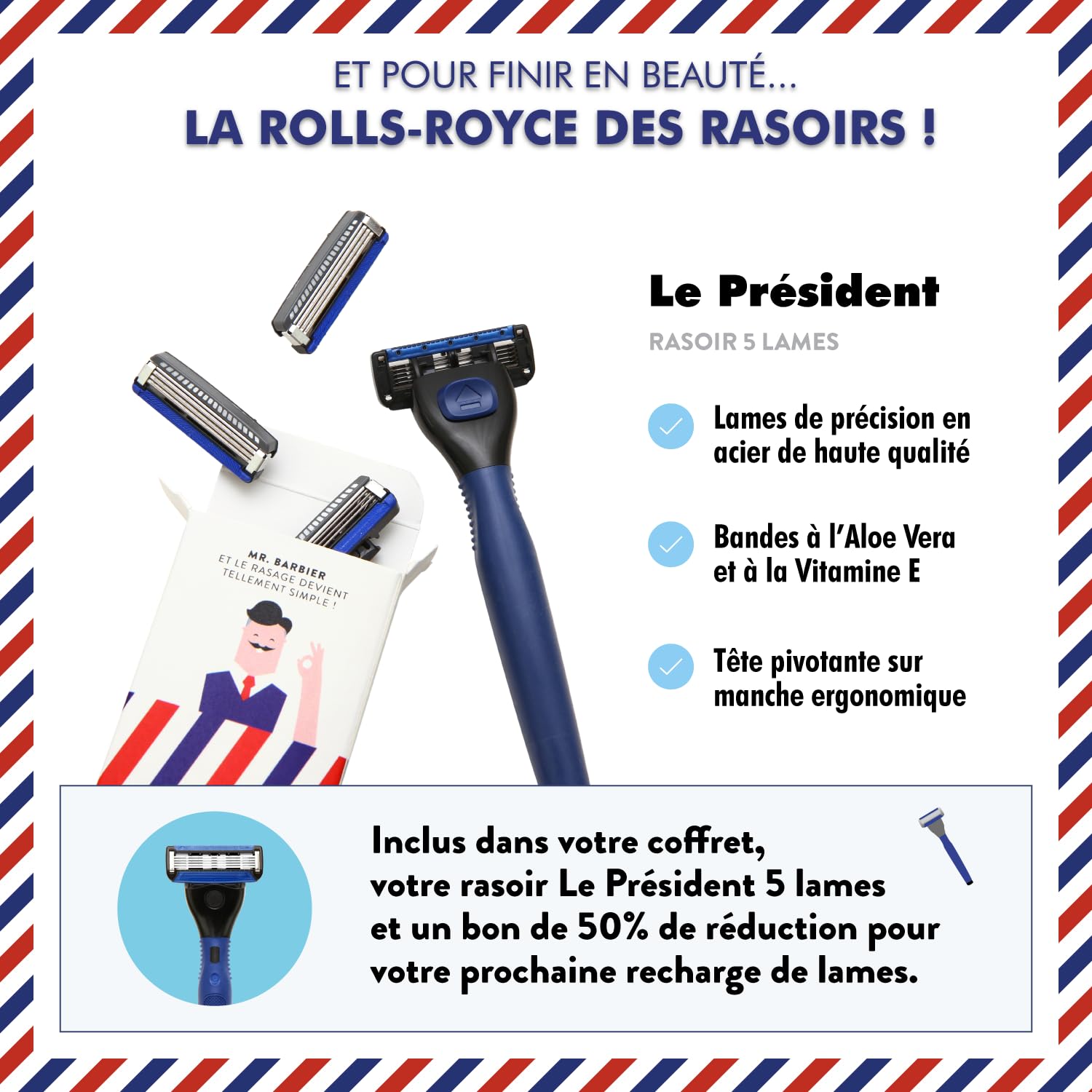 Monsieur BARBIER Old School Kit de Rasage Coffret Cadeau Naturel Végan Français Pierre d'Alun Crème Rasage Blaireau Rasoir 5 Lames