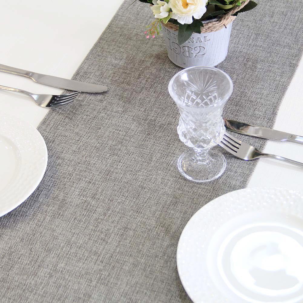 ARKSU Gray Burlap Table Runner 12 x 120 Inch Imitated Linen Wrinkle-Free for Wedding/Bridal Party/Rustic Event