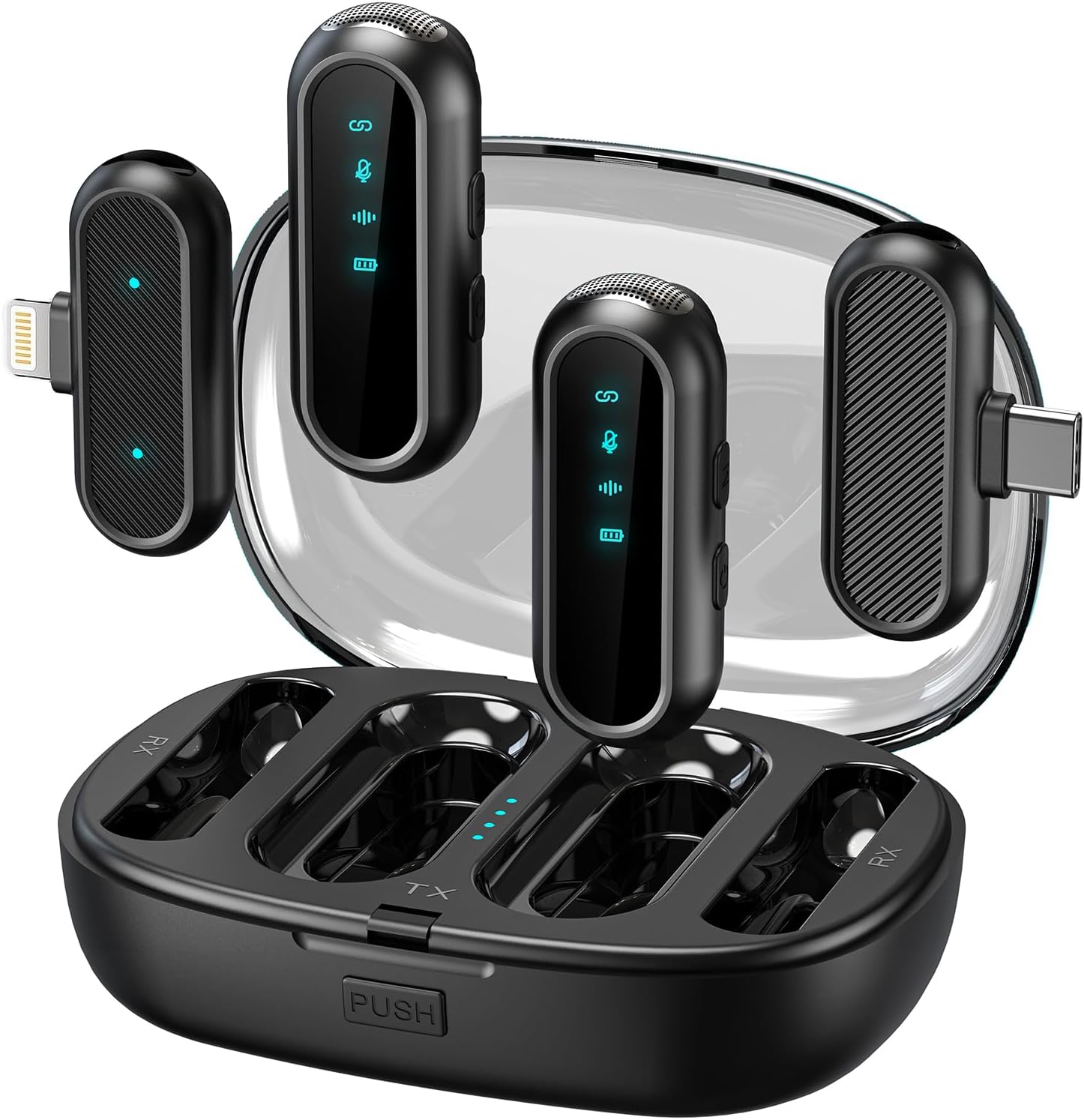 Wireless Lavalier Microphone with Noise Cancellation:40H Working Time with Charging Case,Receiver for iPhone/ipad/Android for Video Recording,Interviews (Black for Lightning/Android)