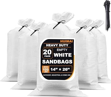 Heavy Duty Sand Bags for Flooding with Tie Strings, 20 Pack Empty Woven Polypropylene Sandbags for Hurricane Flood Control, 100 lbs Capacity, 14x26 inches, White
