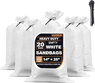 20 Pack Sand Bags for Flooding Heavy Duty with Zip Ties, Empty Sandbags for Hurricane Flood Protection, 100 LBS Capacity, 14'' x 26'' Woven Polypropylene, White