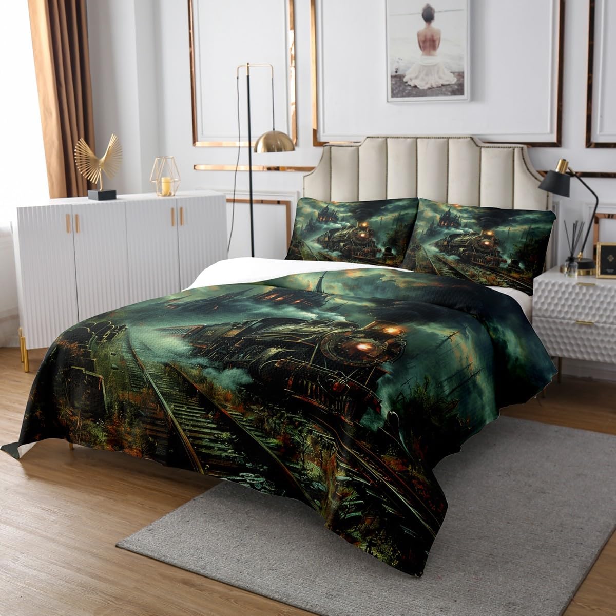 Manfei Retro Train Kids Bedspread Queen Size,Steam Locomotive Train Coverlet Set,Boys Girls Room Decor,Trippy Castle Jungle Halloween Theme Quilted Coverlet,Green Bedding Quilt,2 Pillowcases