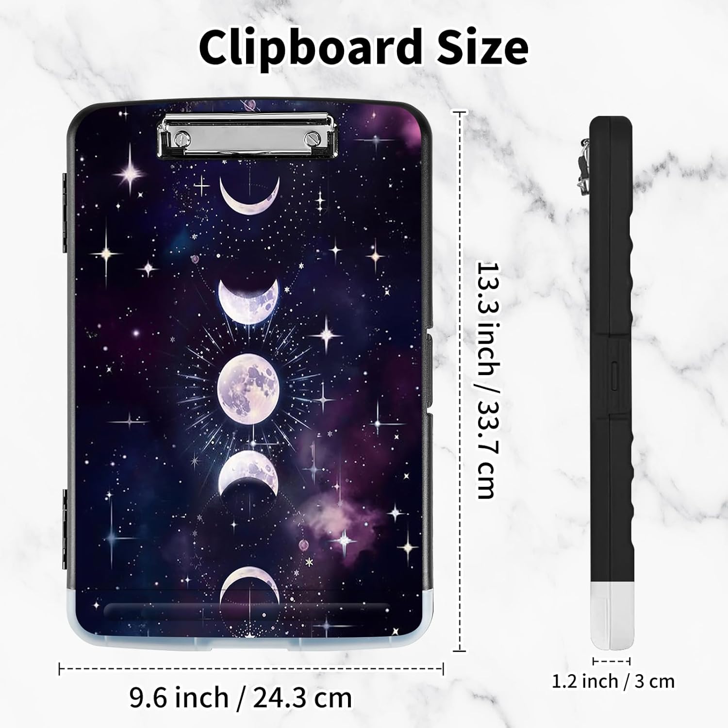 Clipboard with Storage, High Capacity Nursing Clipboards with Pen Holder, Heavy Duty Clipboards with Low Profile Clip, Clipboard Folder Side Opening, Moon Sun Stars