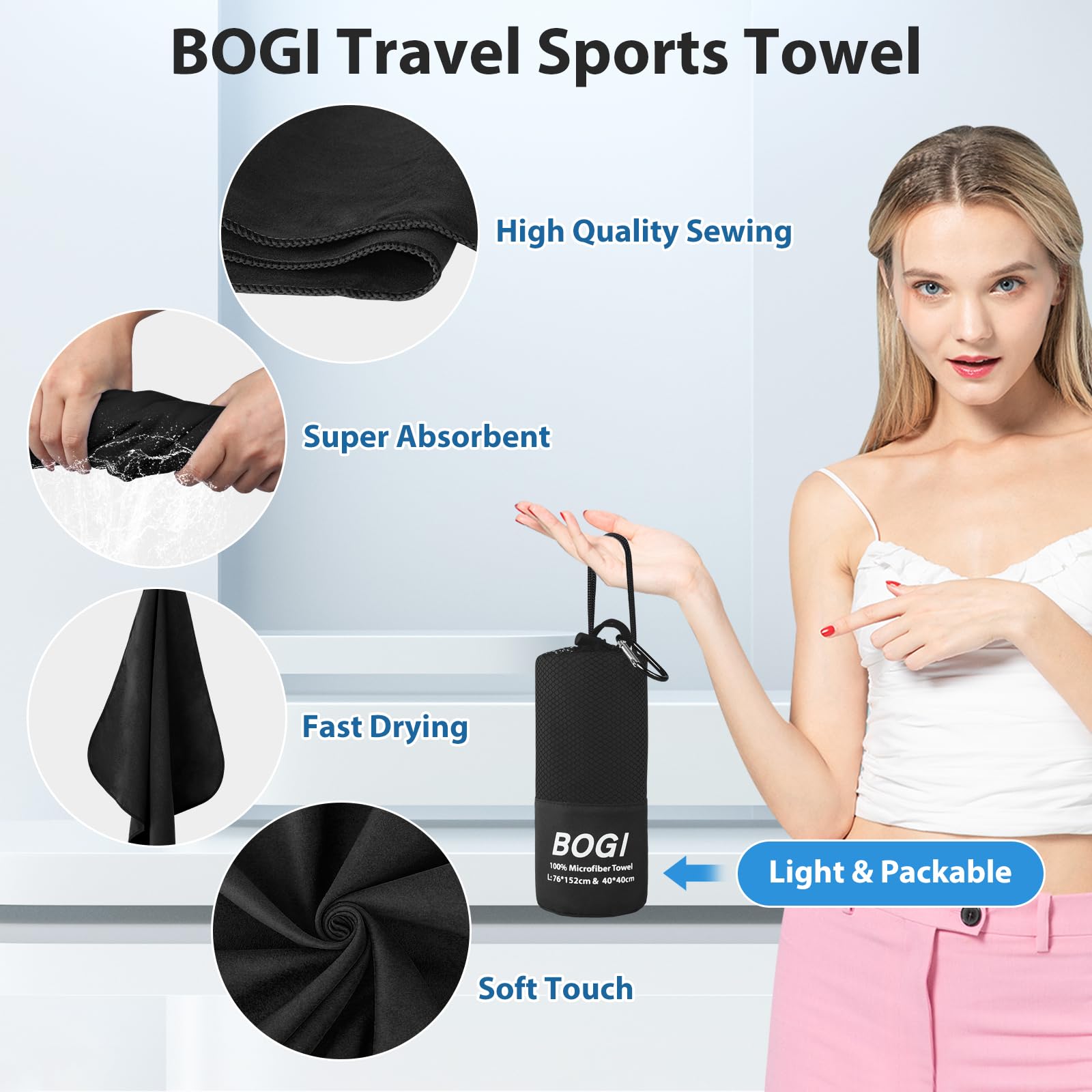 BOGI Toalla deportiva de microfibra de secado rápido, toalla de camping de microfibra suave y ligera, toalla de viaje compacta para camping, gimnasio, yoga, natación, mochileros (XL: 72 x 32 pulgadas