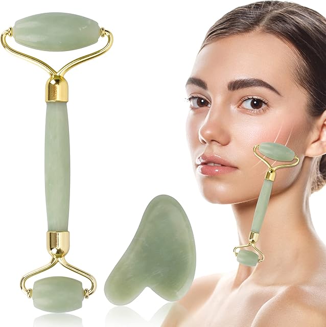 Jade Roller and Gua Sha Set, Face Roller, Facial Beauty Roller Skin Care Tools, Jade Stones Massage Sets (Green- Big Small Head)
