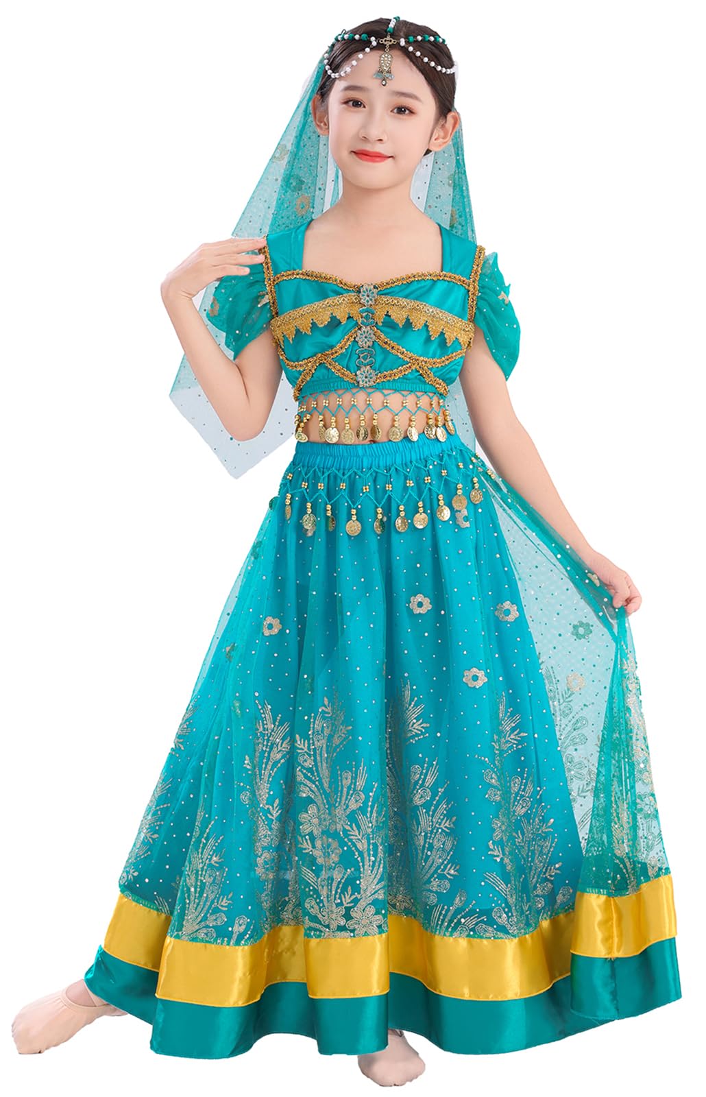 Belly Dance Dress Girls Indian Bollywood Halloween Costume Princess Jasmine Set 4-Piece Outfit XL D-Peacock Blue