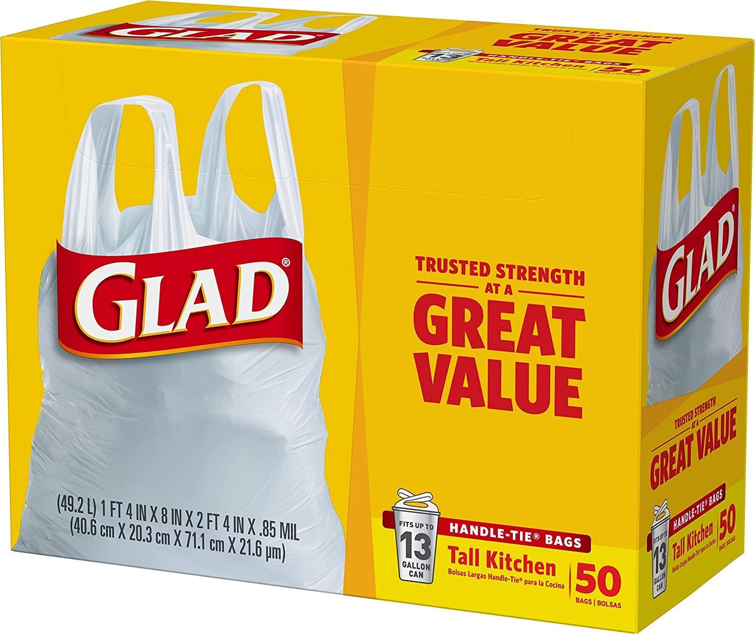 Glad 13 Gal. Tall Kitchen Handle-Tie Bags 50 ct (Pack of 4)
