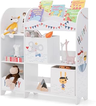 HONEY JOY Kids Toy Storage Organizer, Wooden Storage Unit with 2 Boxes, Toddler Display Bookshelf Daycare Furniture for Playroom, Childrens Room, Living Room Animal