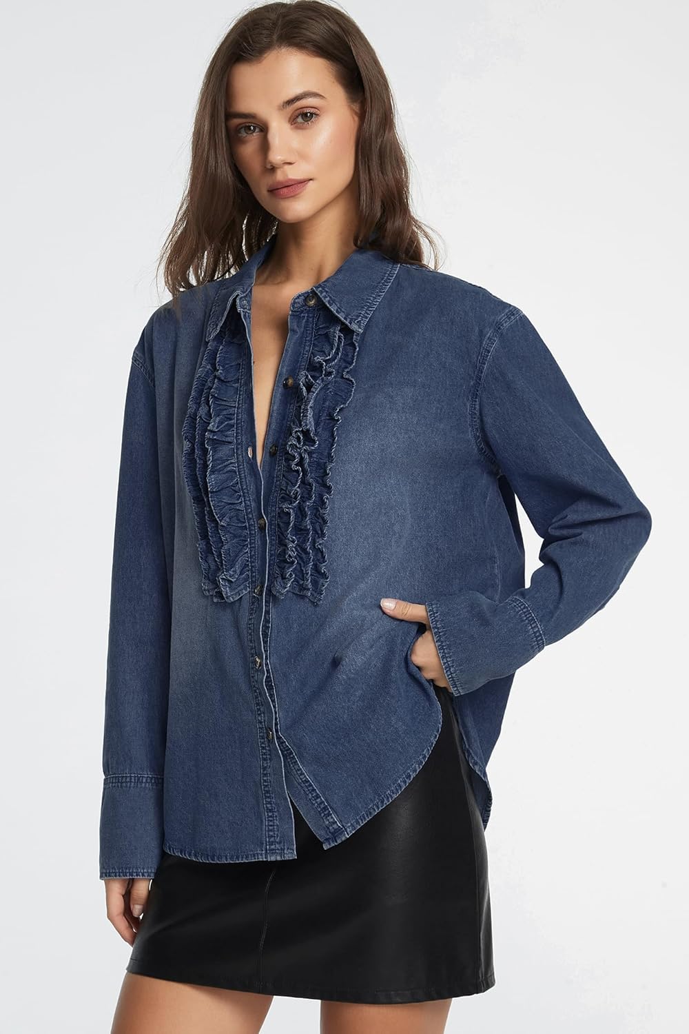 D-Sun Women Button Down Denim Shirt Long Sleeve V-Neck Ruffled Denim Blouse Casual Fashion Collared Jean Jacket Top - Image 3