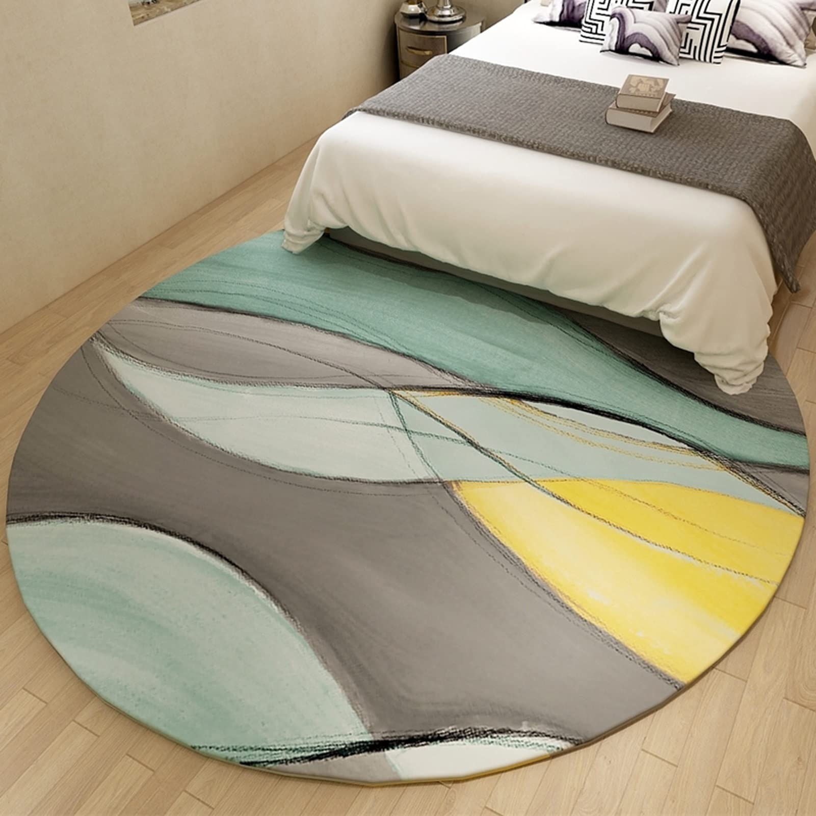 Tapis rond géométrique contemporain grand tapis bleu or gris de 100cm pour salon moderne