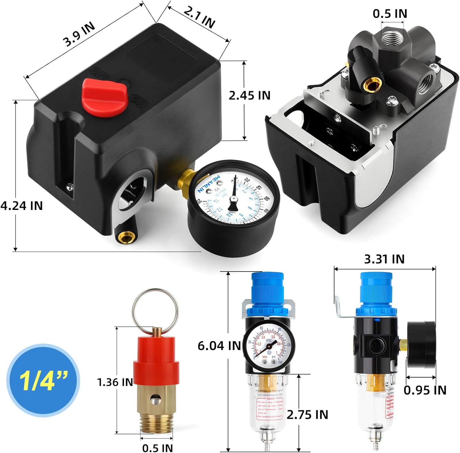 MEANLIN MEASURE Air Compressor Pressure Switch Control Valve 120-155 PSI 110V-240V 4-way Lateral Port Replacement Parts With AFR2000 Air Line Filter and Safety Pressure Relief Valve