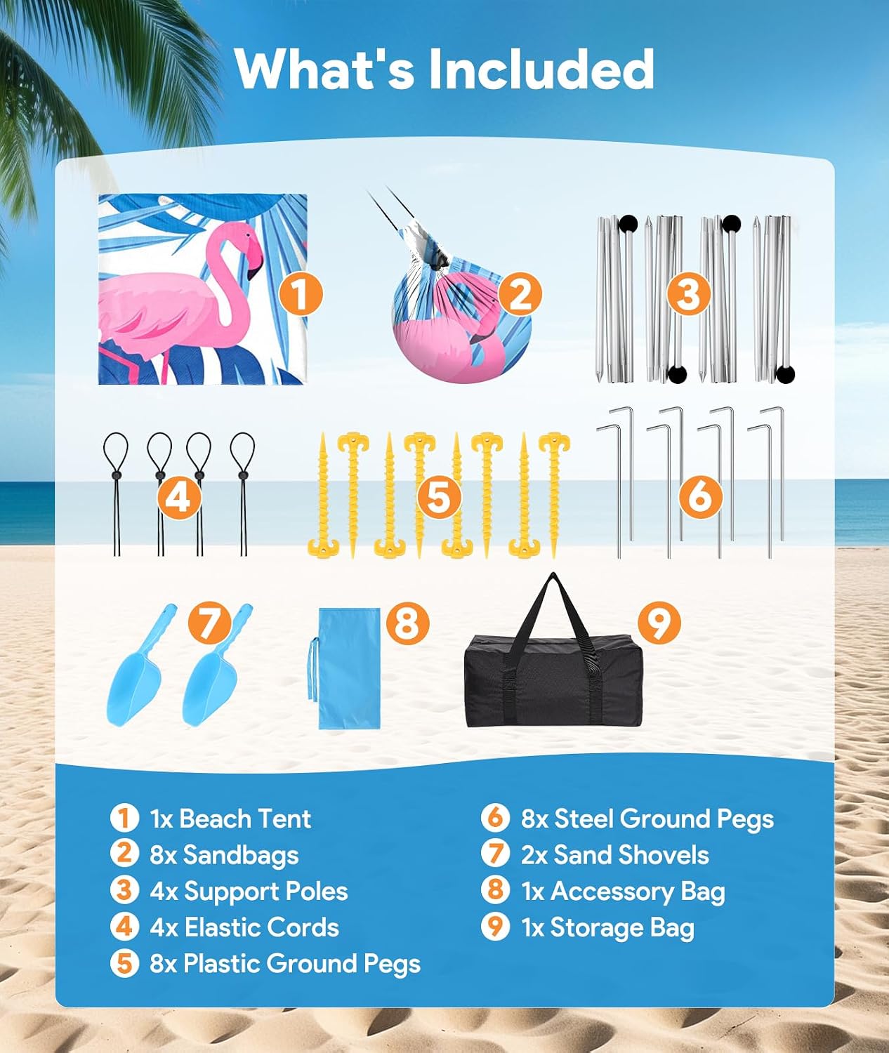 Raynesys Beach Tent Sun Shelter, UPF50+ Tents Canopy with 8 Sandbags & 4 Stability Poles, 10 x 10 FT Beach Canopy Tent Sun Shade, Outdoor Tents for Camping Fishing, Flamingo
