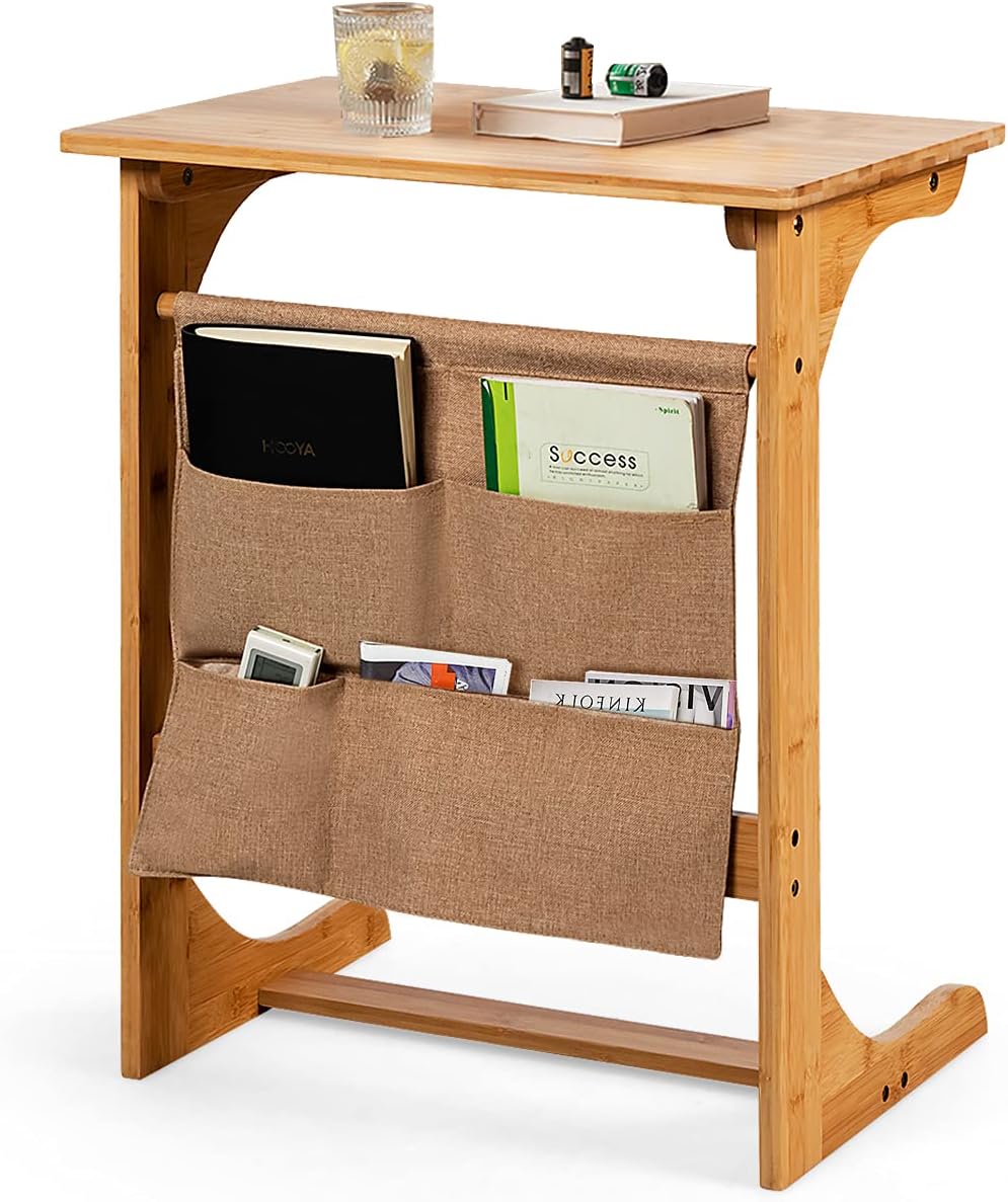 KOTEK Bamboo TV Tray Table, C-Shaped Sofa Side End Table with Storage Bags, Compact Snack Table Bed Side Table, Multipurpose Side Table for Small Space (Natural)