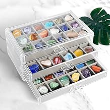 Rock Collection Box With 3 Drawers and 54 Grids - Large Jewellery Organiser Display Case for Crystals, Gemstones, and Kids' Rocks (Grey, 23.5×15.5×10.5cm)
