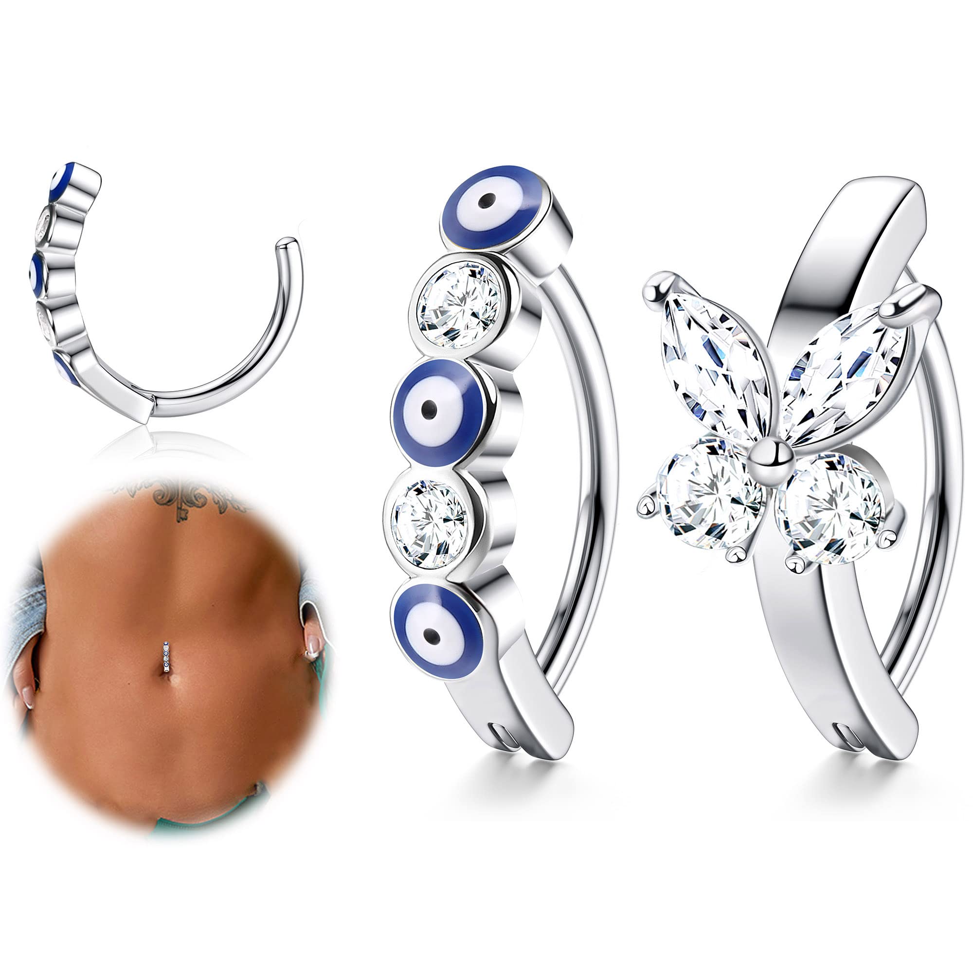 Sllaiss14G Klicker - Piercing para el ombligo de plata de ley 925 para mujeres, ojo malvado, mariposa, anillo para ombligo, circonitas, piercing para el ombligo, joya de oro blanco