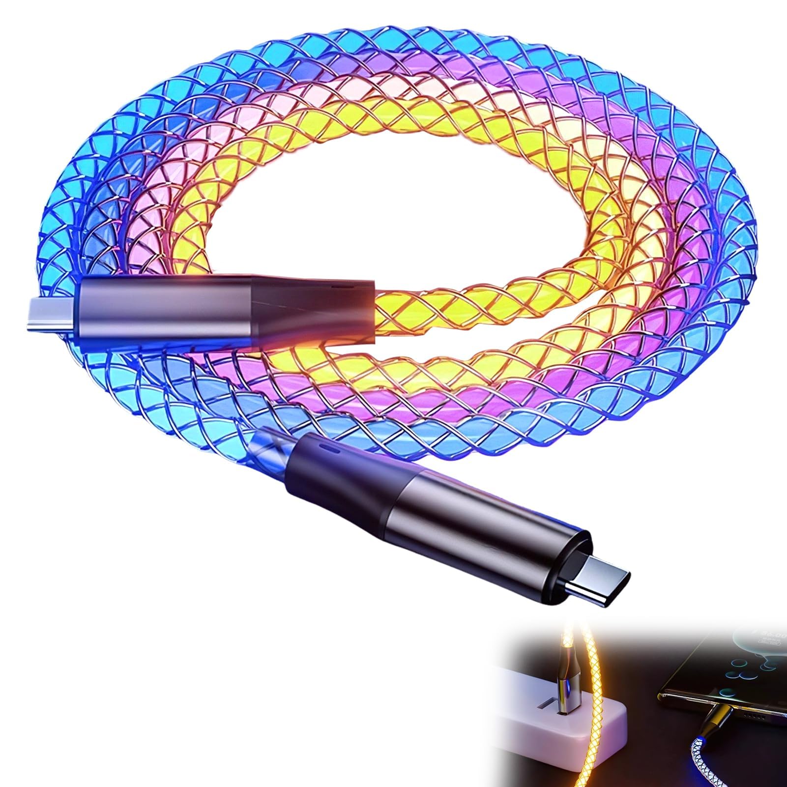 Cavo USB-C Luminoso RGB 100 Cm: Ricarica Rapida PD 66W E Effetto Luce Notturna A 7 Colori - 2