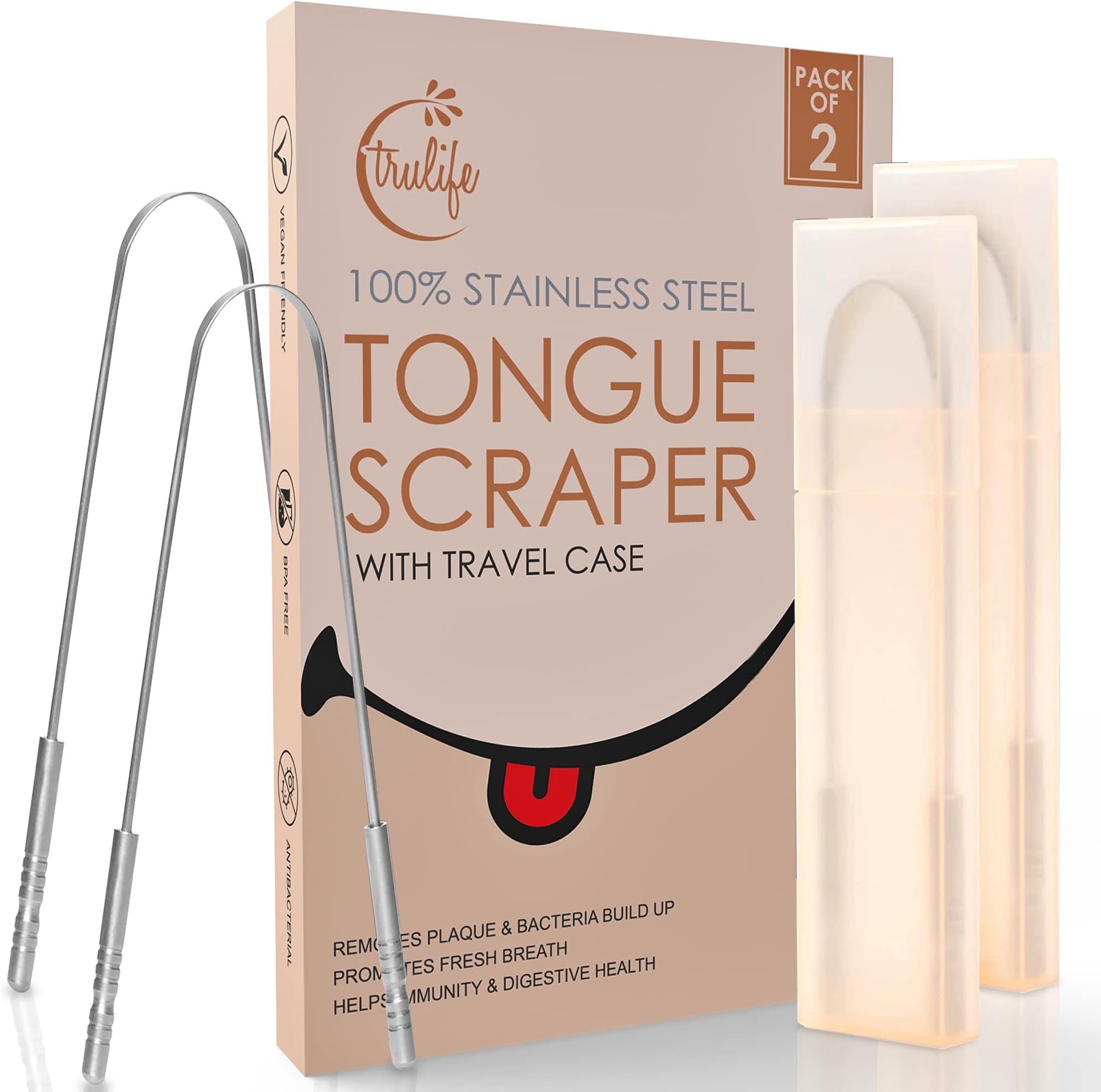 TruLife Tongue Scraper Tongue Cleaner Surgical Grade Stainless Steel (2 Pack), Reduce Bad Breath (Travel Cases Included), Metal Tongue Cleaner, Tongue Scraper for Fresher Breath & Easy to Use