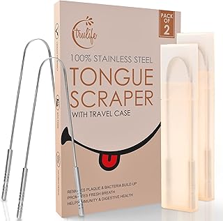 Tongue Scraper for Adults (2 Pack), 100% Stainless Steel Tongue Scraper (Travel Cases Included), Metal Tongue Cleaner, Bad Breath Treatment, Easy to Use Tongue Scraper for Fresh Breath