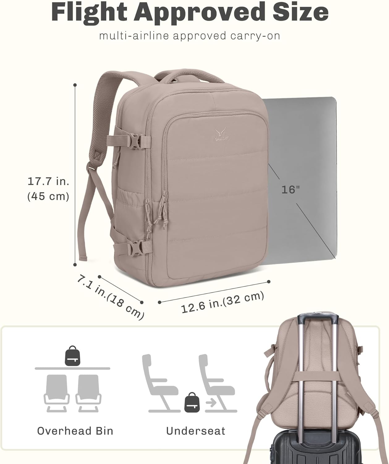 Hynes Eagle Travel Backpack for Women Puffer Flight Approved Carry On Backpack 16 inch Laptop Personal Item Weekender Bag 30L Khaki - Image 3