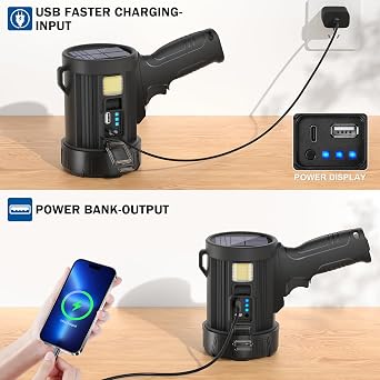 2,000,000 Lumens Rechargeable Spotlight Flashlight, Super Bright Handheld LED Spot Light with Solar Panels, COB Light & 3 Color Filters, IPX5 Waterproof for Camping, Home