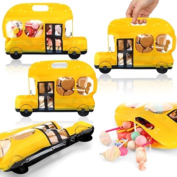 Watersay 50 Pcs School Bus Goodie Bags with Handle Resealable Waterproof Plastic Candy Treat Bags Stand-up Teacher Appreciation Gift Pouches for Back to School Birthday Party Supplies