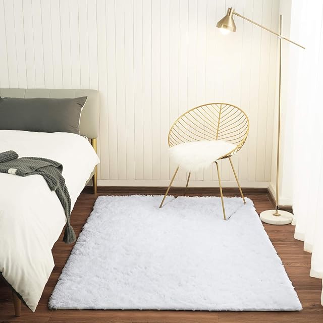 BENRON Soft Fluffy Modern Area Rugs,3x5 Feet Shag Rug for Bedroom Living Room Decor,Plush Boys Girls Kids Room Carpets,Solid Nursery Floor Carpet,White