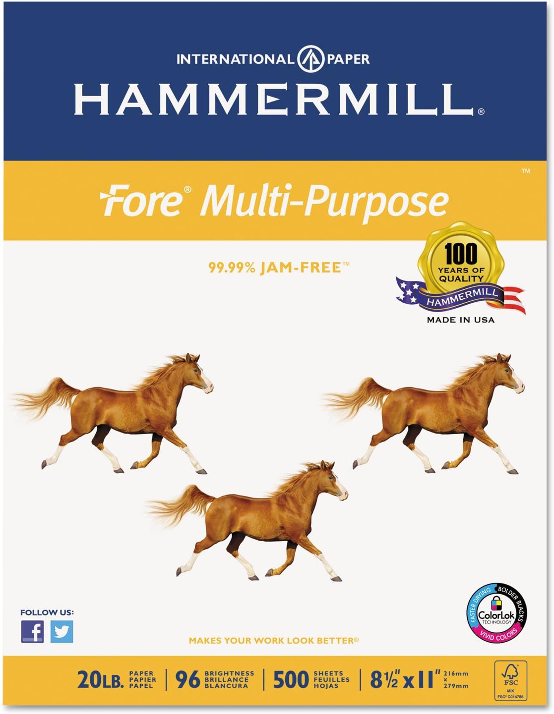 Hammermill 103267 Fore MP Multipurpose Paper, 96 Brightness, 20lb, 8-1/2x11, White, 5000/Carton