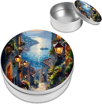 Coastal Village Street View Mediterranean Round Metal Tin Containers with Lids 3.5x1.3- Silver Circular Storage Jars for Candle Making,Tea,Spices & Cosmetics,Minimalist Desktop Organizer