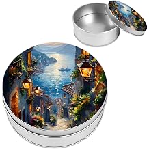 Coastal Village Street View Mediterranean Round Metal Tin Containers with Lids 3.5x1.3- Silver Circular Storage Jars for Candle Making,Tea,Spices & Cosmetics,Minimalist Desktop Organizer