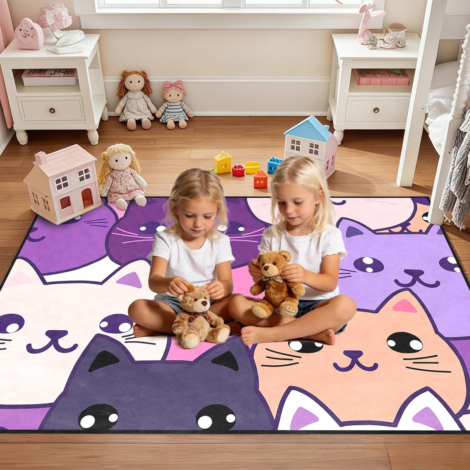 Cartoon Cat Rug for Girls Bedroom Purple Cat Rugs Room Decor for Boys Girls Lovely Animal Print Carpet for Bedroom Living Room Welcome Mat, 3x5 Feet