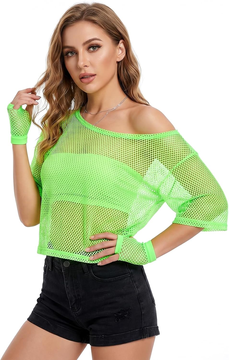 80s Neon Shirts for Women, 80s Neon Fishnet Top with Fishnet Gloves Women Casual Sexy Costumes Suitable for Masquerade Disco Party (Green)
