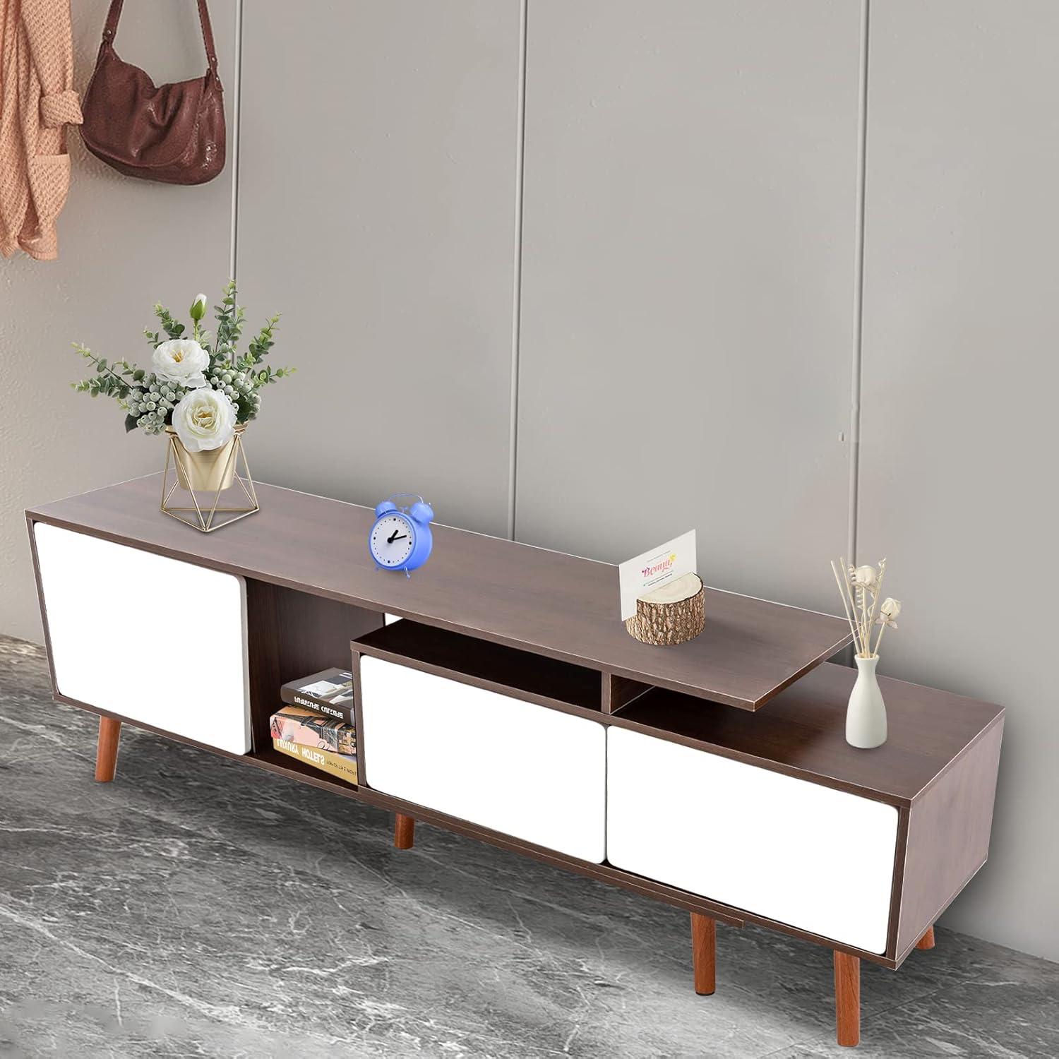 TV Stand, Modern Farmhouse Boho Television Stand with 3 Doors, 47.2-78.7 inches Length Adjustable, TV Console for Home Living Room, Bedroom, Study Room (Deep Walnut)