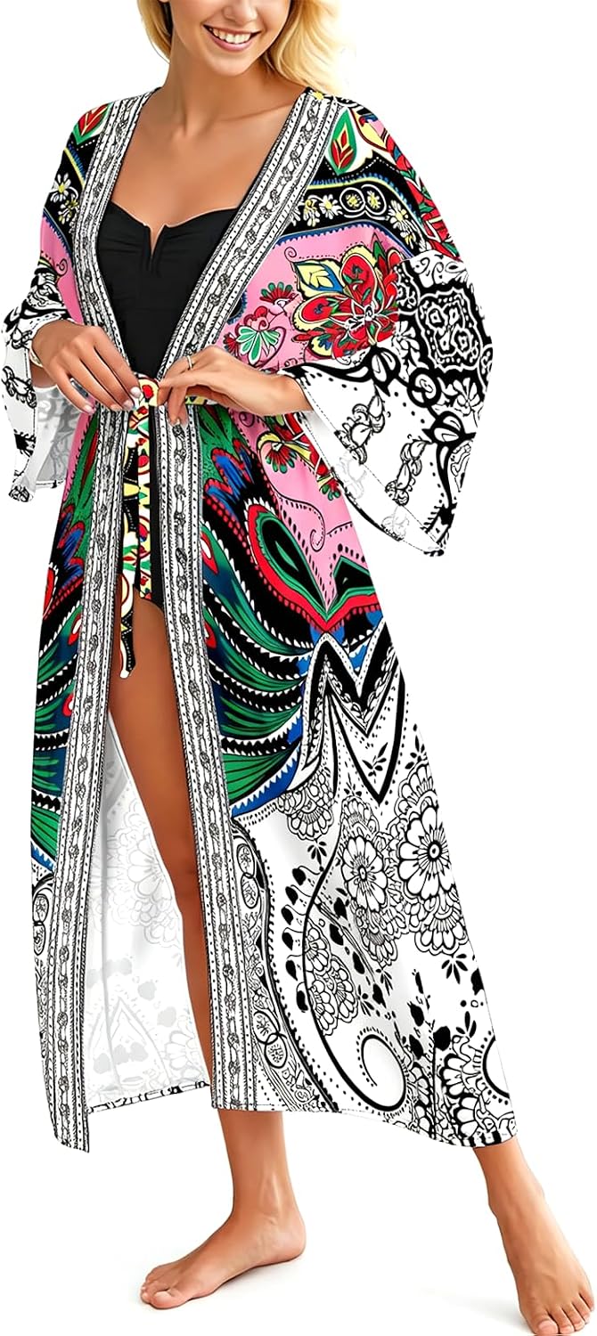 Women's Long Kimono Cover Ups Lightweight Open Front Cardigans Dress Casual Swimsuit Robe for Beach Swimwear