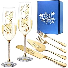 HJX Personalized Wedding Cake Knife and Server Set with Champagne Flutes, Custom Name Text Toasting Glasses for Bride and Groom, Cake Cutting Set Ideal Wedding Engagement Bridal Shower Gift