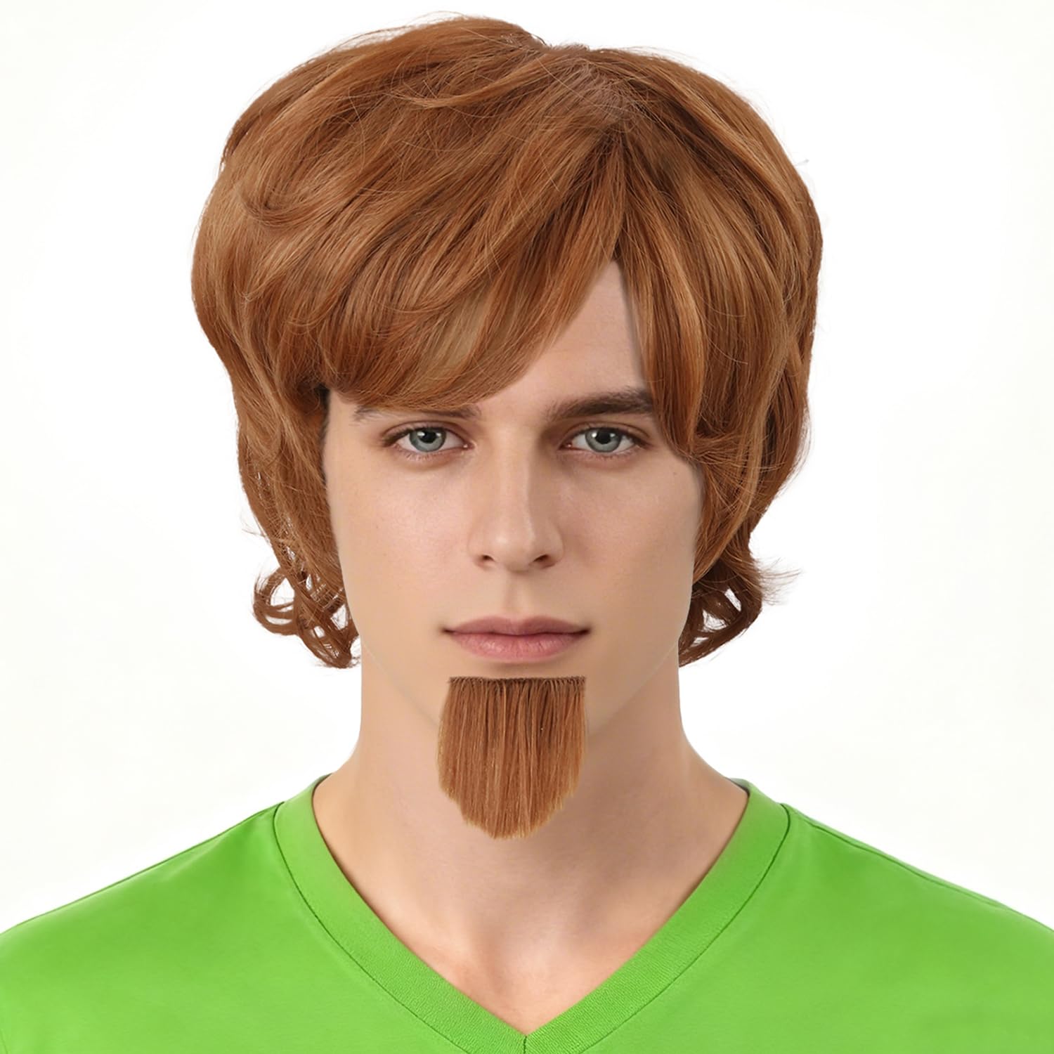 Men's Short Brown Layered Wavy Style Synthetic Shaggy Costume Men Wig with Goatee