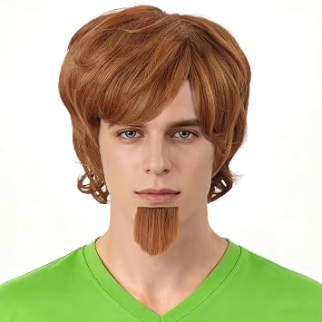 Mens Short Brown Layered Wavy Style Synthetic Shaggy Costume Men Wig with Goatee