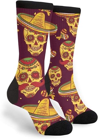 FREEHOTU Skull Cowboy Sombrero Day Of The Dead Fun Colorful Novelty Graphic Crew Tube Socks For Men Women